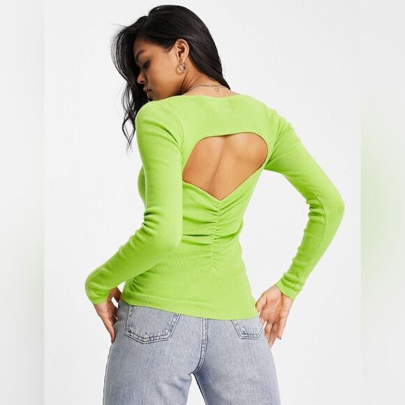 ASOS DESIGN sweater with cut out ruched back detail in lime green Size 4 - Picture 2 of 10